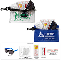 14 Piece Golf Kit in Supersized Zipper Pouch Components inserted into Zipper Pouch with Plastic Carabiner Attachment